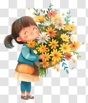 Spring Time - Happy Girl With Flower Bouquet Transparent PNG