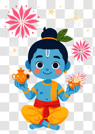 Krishna Celebrating New Year - Cute Blue Krishna Cartoon With Fireworks Transparent PNG