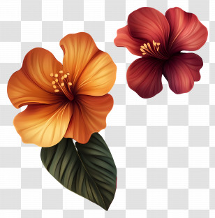 Flower Background - Red And Orange Hibiscus Flowers With Leaves Transparent PNG