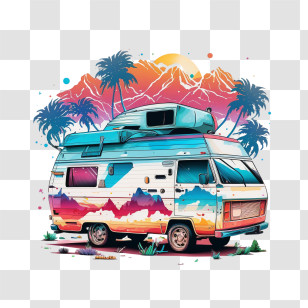 Colors Of The 90s Camp Car
 - Colorful Camper Van With Scenic Background Transparent PNG