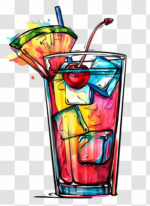Tropical Alcoholic Cocktail - Colorful Cocktail With Ice And Cherry Illustration Transparent PNG