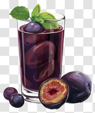 Prune Juice - Glass Of Fresh Plum Juice With Whole And Sliced Plums Transparent PNG