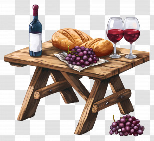 Picnic Table - Table With Wine, Bread, And Grapes Transparent PNG