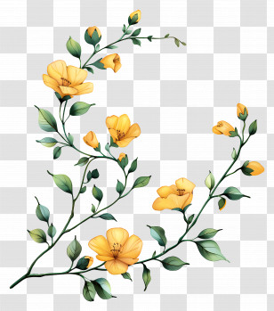 Yellow Flowers - Yellow Flowers With Green Leaves Illustration Transparent PNG