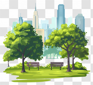 City Park Scene - Green Urban Park With Benches And Trees Transparent PNG