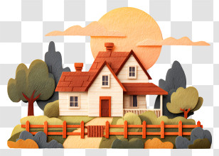 Farmhouse And Fence In Sunset - Cozy Countryside House Transparent PNG