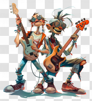 Rock N Roll - Animated Rock Musicians With Guitars Transparent PNG