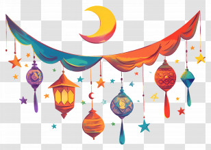 Eid Mubarak - Eid Lanterns With Crescent Moon And Stars Decoration Transparent PNG