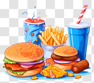 Fast Food - Fast Food Combo With Burgers, Fries, And Soda Cups Transparent PNG