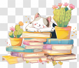 Cat Sleeping On Books - Cute Cat On Books With Cacti Illustration Transparent PNG