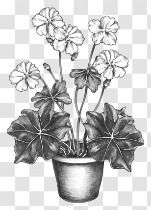 Pot Of Geraniums - Black And White Flower Pot Drawing Transparent PNG