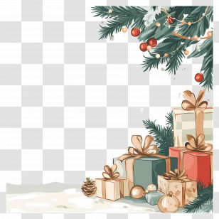 Christmas Deco - Christmas Presents With Festive Tree Branch Transparent PNG
