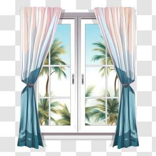Window Curtain - Window With Curtains And Palm View Transparent PNG