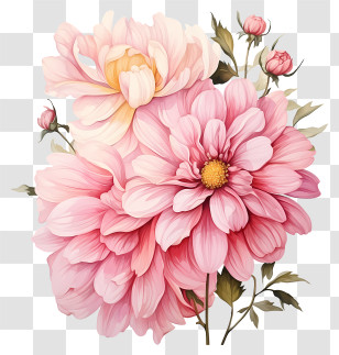 Hand Drawn Pink Flower - Elegant Pink Flowers With Green Foliage Transparent PNG