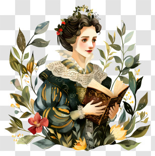 Shakespeare Day - Vintage Woman Reading A Book With Flowers Transparent PNG