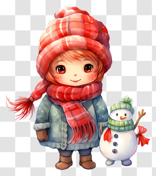 Cartoon Character - Cute Child With Snowman In Winter Clothes Transparent PNG
