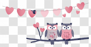 Lovebirds - Pink Owls On A Branch With Hearts Transparent PNG