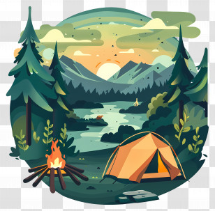 Camping Scene - Campfire And Tent In Forest Landscape Transparent PNG