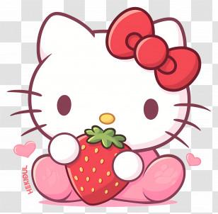 Hello Kitty With Strawberry - Cute Cat Holding Strawberry Cartoon Art Transparent PNG