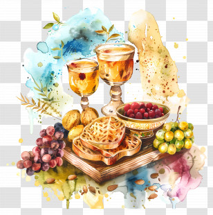 Watercolor Shavuot - Delicious Food And Wine Still Life Transparent PNG