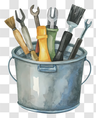 Cartoon - Cleaning Tools In A Metallic Bucket Transparent PNG