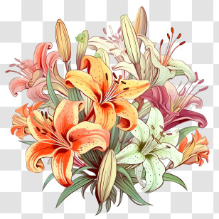 Lily Flower - Mixed Lily Bouquet Botanical Illustration Transparent PNG