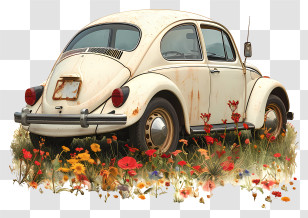 White Car - Vintage White Car In A Flower Field Transparent PNG