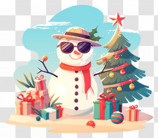 Beach Christmas Snowman - Festive Snowman With Christmas Tree And Gifts Transparent PNG