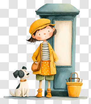Girl With Dog At Bus Stop - Whimsical Girl With Dog By Door Transparent PNG