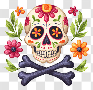 Sugar Skull With Crossbones - Floral Skull With Crossbones And Flowers Transparent PNG