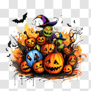 Halloween Party - Spooky Halloween Pumpkins And Witch Hats Illustration Transparent PNG