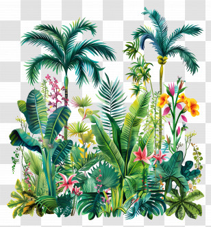 Lush Life - Tropical Plants And Flowers Illustration Transparent PNG