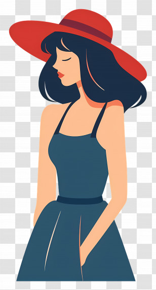 Cute Girl - Stylish Woman In Red Hat And Blue Dress Illustration Transparent PNG