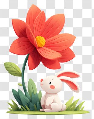 Bunny Gazing Up Flower - Sweet Bunny With Red Petal Flower Transparent PNG