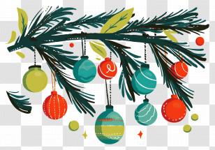 Christmas Balls On A Branch - Christmas Tree Branch With Festive Ornament Balls Transparent PNG