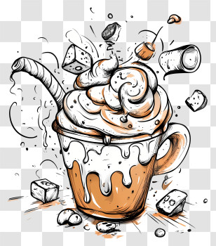 Doodle Coffee - Creamy Drink With Ice Cubes And Cherry Transparent PNG