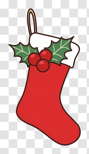 Cartoon - Red Christmas Stocking With Holly Decoration Transparent PNG