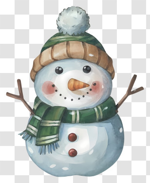 Snowman - Friendly Snowman With Green Hat And Scarf Transparent PNG