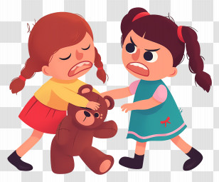 Two Girls Fighting - Cartoon Girls Fighting Over A Teddy Bear Transparent PNG