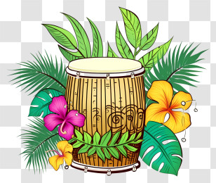 Wooden Drum - Wooden Drum Surrounded By Tropical Flowers And Leaves Transparent PNG