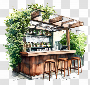 Rooftop Bar - Outdoor Bar With Stools And Plants Illustration Transparent PNG