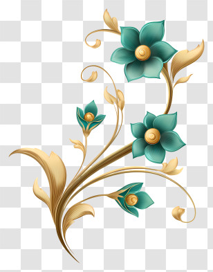 Gold And Emerald Vine - Teal And Gold Floral Design Transparent PNG