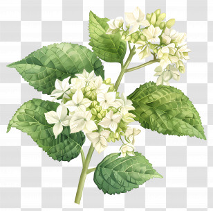 Hydrangea Quercifolia Pee Wee - White Flower Branch With Green Leaves Transparent PNG