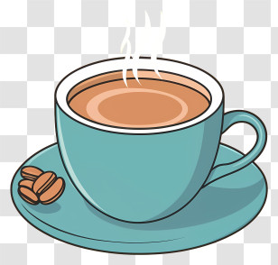 Coffee - Blue Coffee Cup With Steaming Beverage And Coffee Beans Transparent PNG