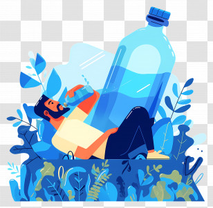 Man Seated Drinking Water - Man Drinking From Giant Bottle In Cartoon Style Illustration Transparent PNG