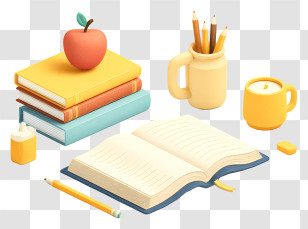 School Elements - Books And Apple On Desk Transparent PNG