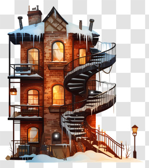Frozen Fire Escape - Cozy Snowy Brick Townhouse Transparent PNG