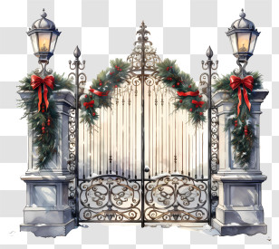 Wrought Iron Gate - Christmas Gate Decorated With Garlands And Ribbons Transparent PNG
