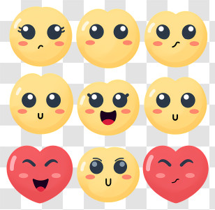 Hand Drawn Emoji With Heart Eyes - Yellow And Red Heart Faces With Various Expressions Transparent PNG