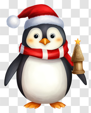 Penguin - Festive Penguin With Santa Hat And Scarf Transparent PNG